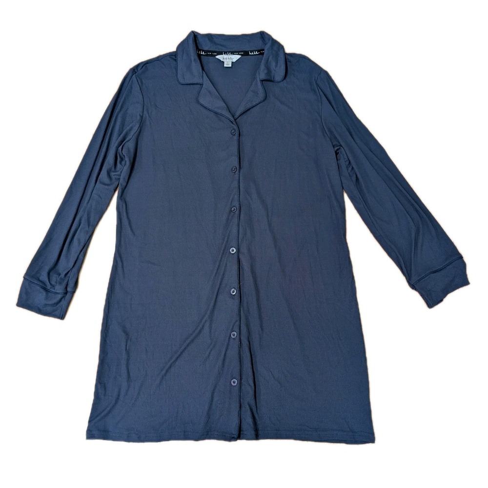 Nicole Miller Button Down Night Shirt Dress Pajamas Womens L Naval Blue NEW NWT